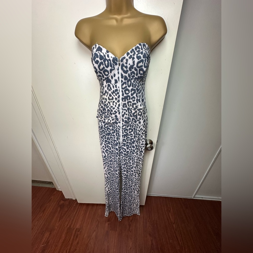 Nicole Frank TWE Cheetah/Leopard Print Strapless 1/2 Front Zip Sexy Jumpsuit XS